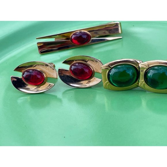 Vintage Lot 1960s Cufflinks Red/Green Lucite Tie Clip - Picture 6 of 13